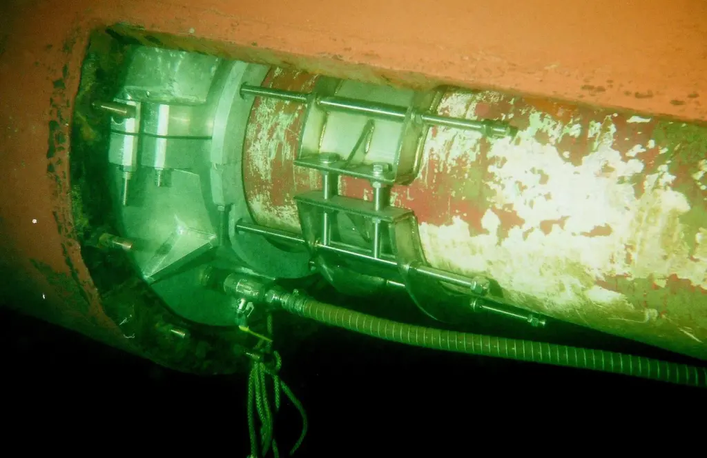 The temporary external shaft seal is seen installed on HMS Ocean.