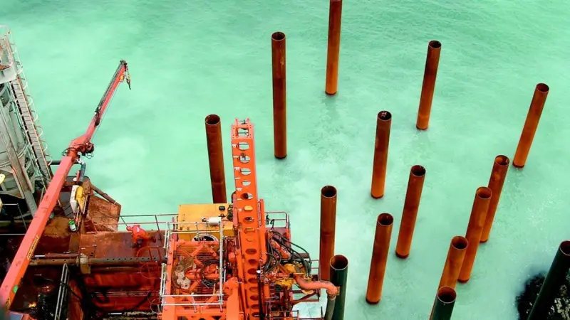 The concentration of tubular piles will support the new Tenby RNLI boathouse.