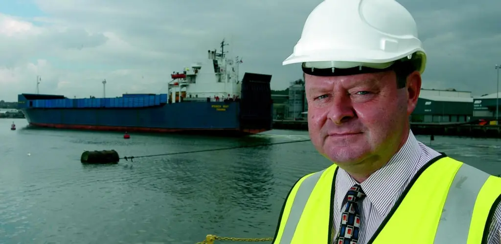 Ipswich Port Manager, Rob Smith, in the foreground and the Ferryways vessel Ipswich Way in the background.