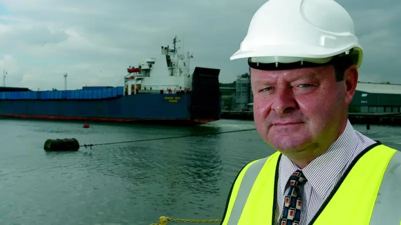Ipswich Port Manager, Rob Smith, in the foreground and the Ferryways vessel Ipswich Way in the background.