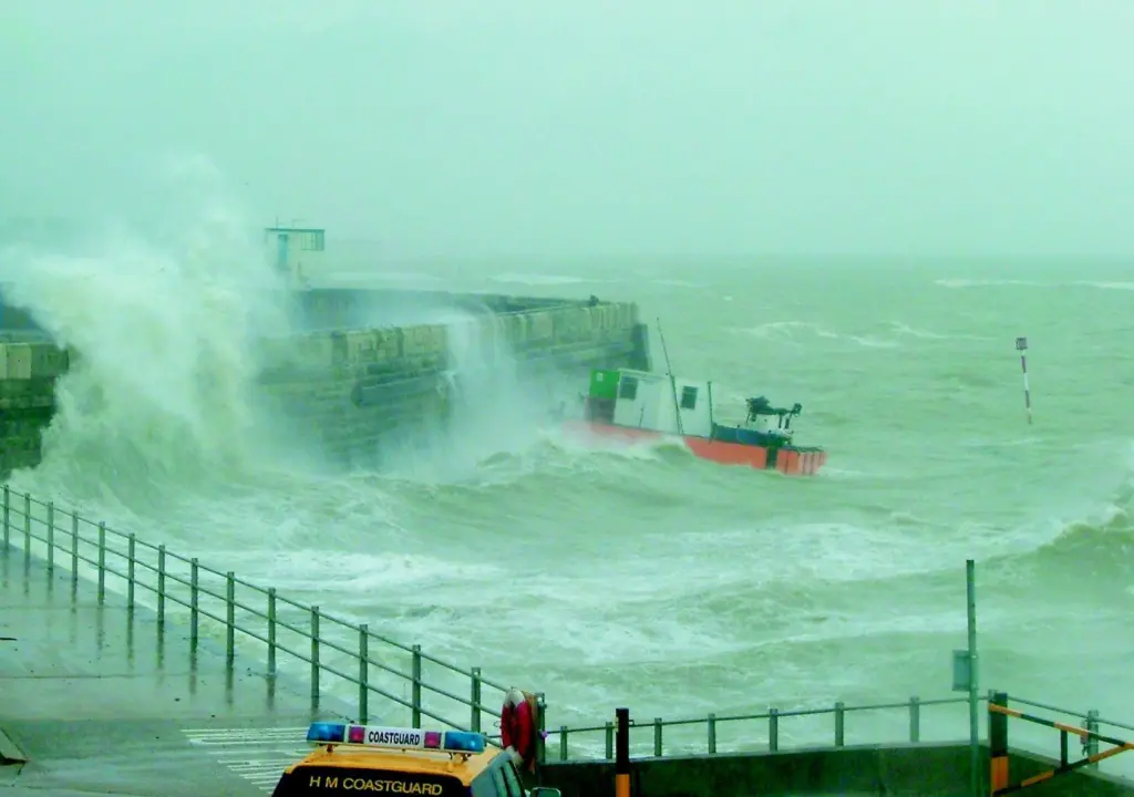 The run away jack-up is battered against the Margate sea wall earlier this month.