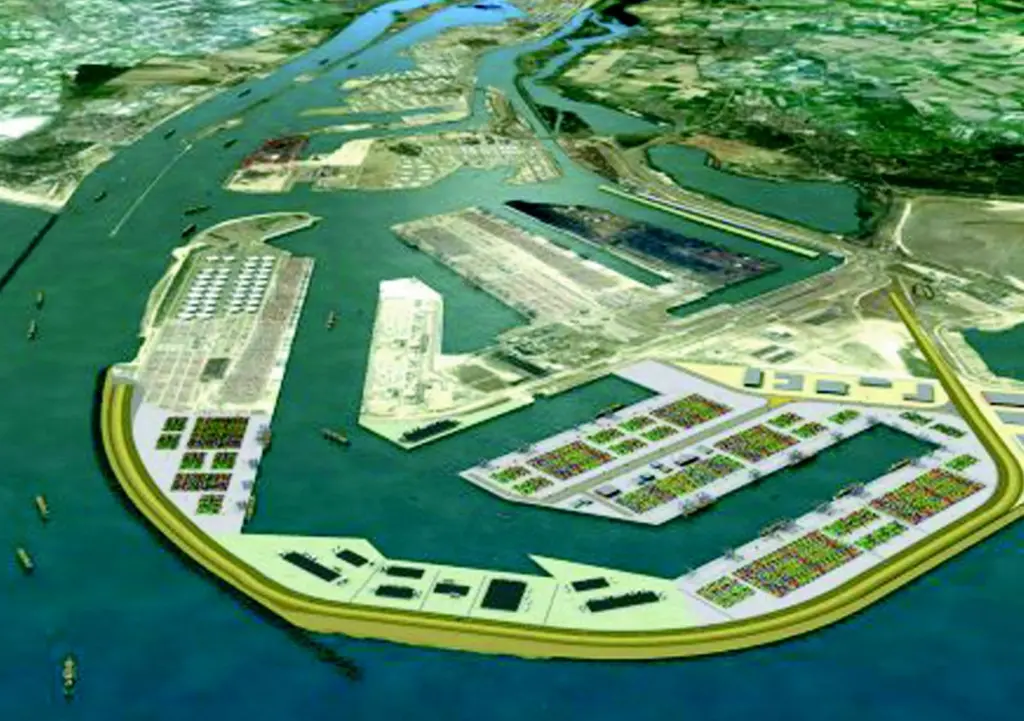 An impression of the new Maasvlakte 2 port extension, to be built in the North Sea at the mouth of the River Maas.
