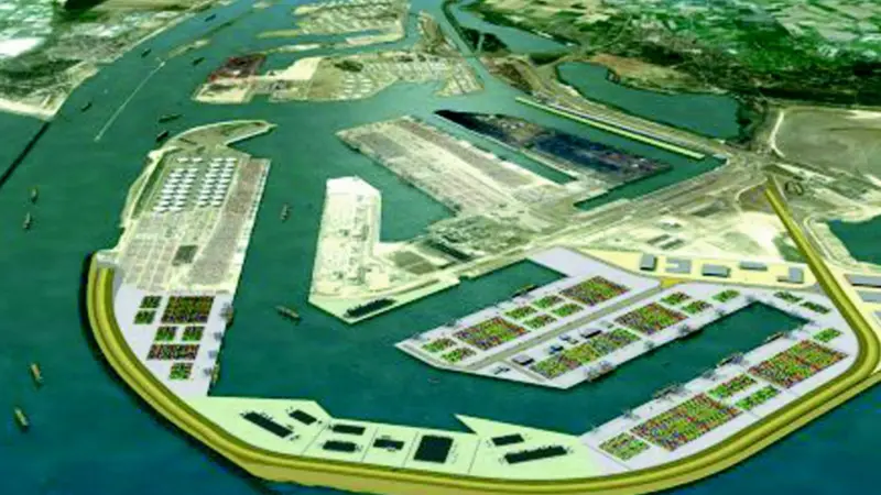 An impression of the new Maasvlakte 2 port extension, to be built in the North Sea at the mouth of the River Maas.