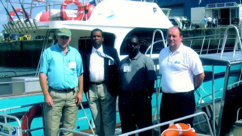 Hamish McCallum of GDM Lindex Ltd; Errol Maynard, Board Director of St Christopher Air & Sea Ports Authority; Carl Parke, Chief Pilot for Nevis Air & Sea Ports Authority; and Trevor Banting of Pepe Boat Sales at seawork prior to the firs...