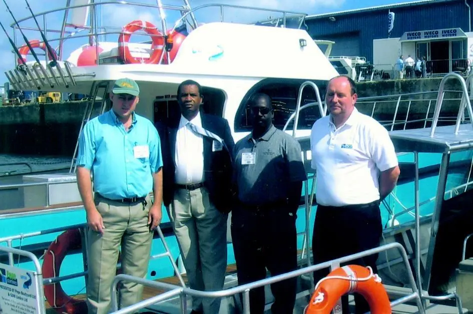 Hamish McCallum of GDM Lindex Ltd; Errol Maynard, Board Director of St Christopher Air & Sea Ports Authority; Carl Parke, Chief Pilot for Nevis Air & Sea Ports Authority; and Trevor Banting of Pepe Boat Sales at seawork prior to the firs...