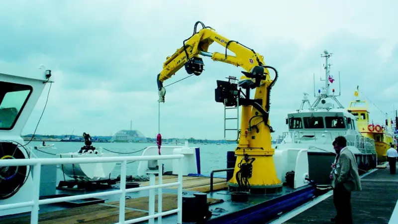 Amco Vebas VR 36 model crane is seen on board the 14.5m steel multicat Seaboard Constructor at seawork2004.