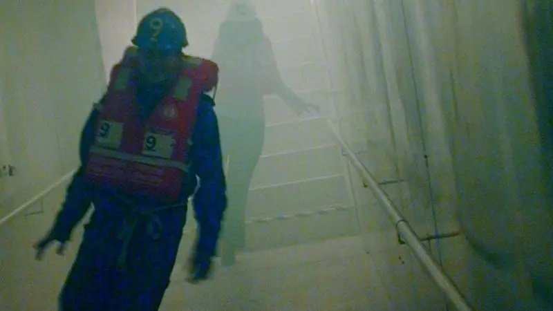 EU co-funded ship evacuation trials have volunteer passengers negotiating a large scale smoke-filled test facility capable of dynamic motion superimposed over an angle of heel.