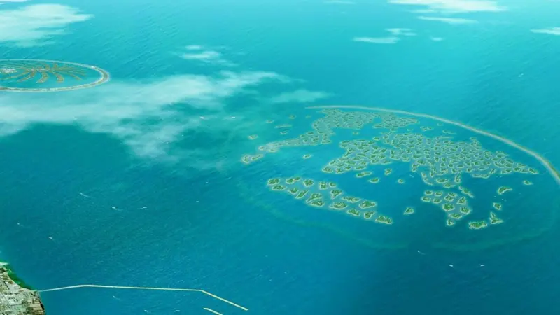 Artists impression of The World, and nearby Palm Island projects.