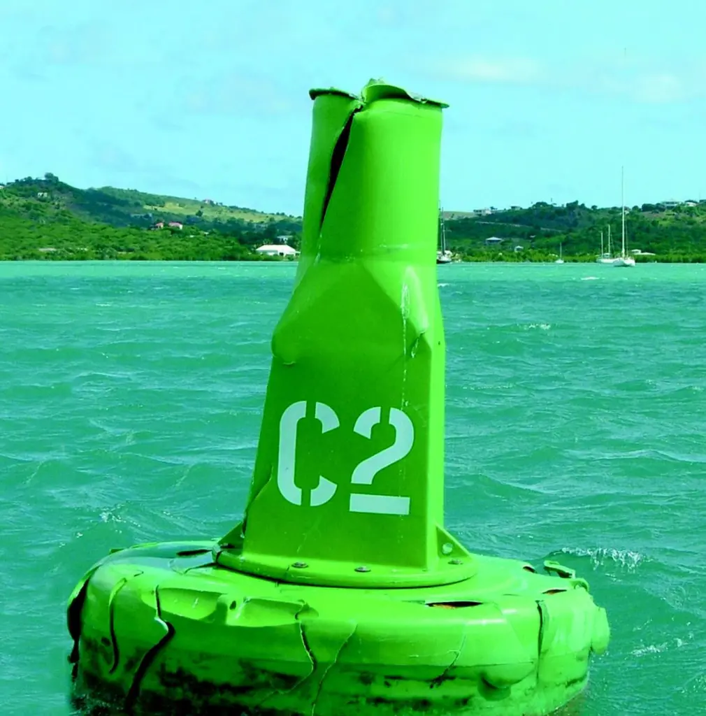 Despite its flotation collar being badly chewed by a propeller, the Eason Marine navigation buoy continued to float in Antigua.