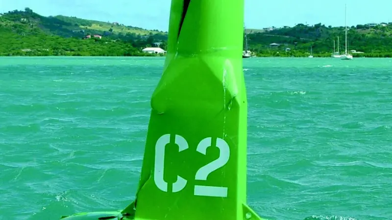 Despite its flotation collar being badly chewed by a propeller, the Eason Marine navigation buoy continued to float in Antigua.