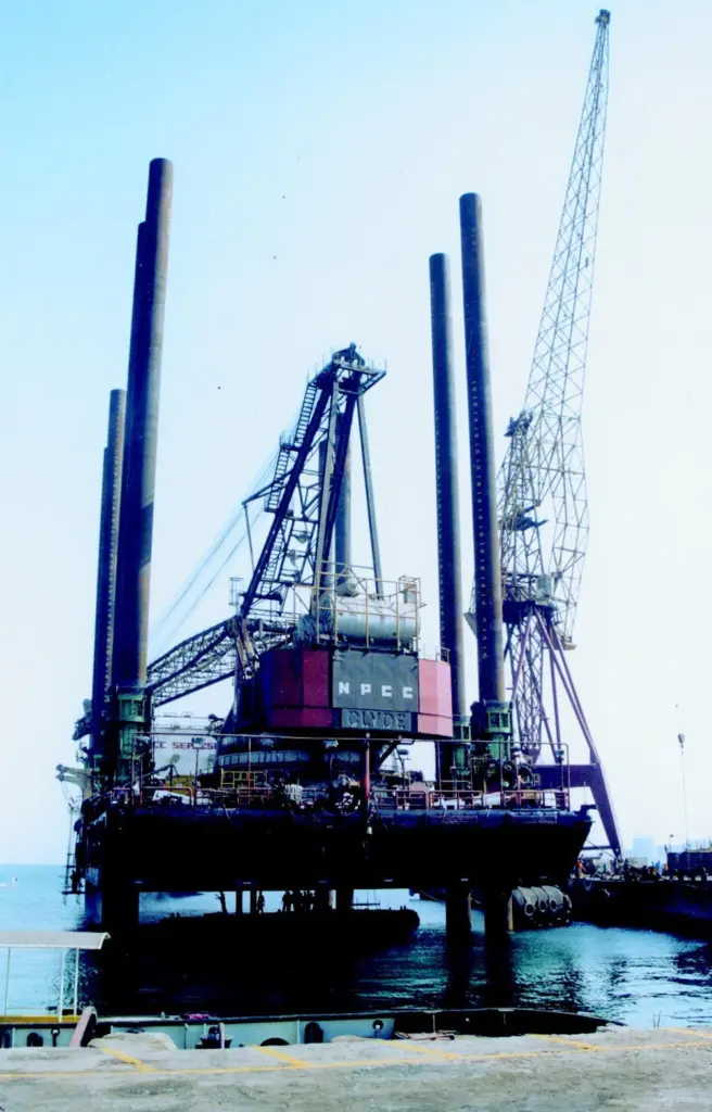 ASRY engineers are seen working below the hull of a 3,500 dwt jack-up platform.