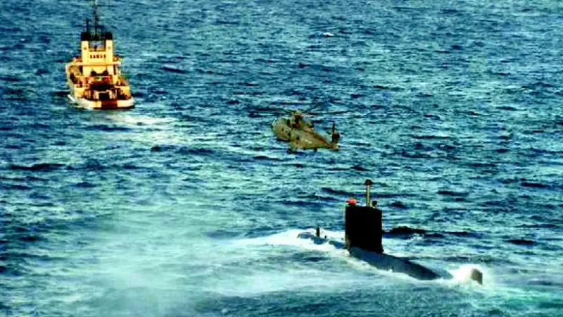 Anglian Prince towed in the Canadian submarine in distress. Photograph courtesy of the MCA