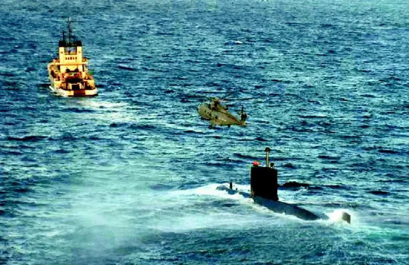 Anglian Prince towed in the Canadian submarine in distress. Photograph courtesy of the MCA