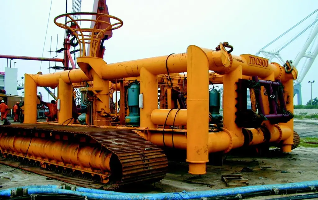 The ShengLi pipe lay plough is seen on shore in China.