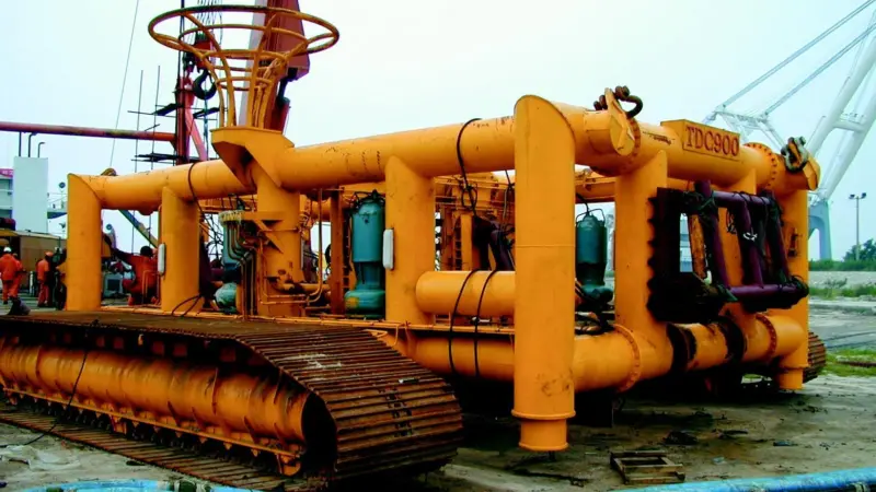 The ShengLi pipe lay plough is seen on shore in China.