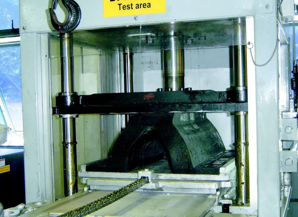 AFentek fender undergoing one of the many tests required for PIANC Type Approval in a specially designed computer controlled test rig.