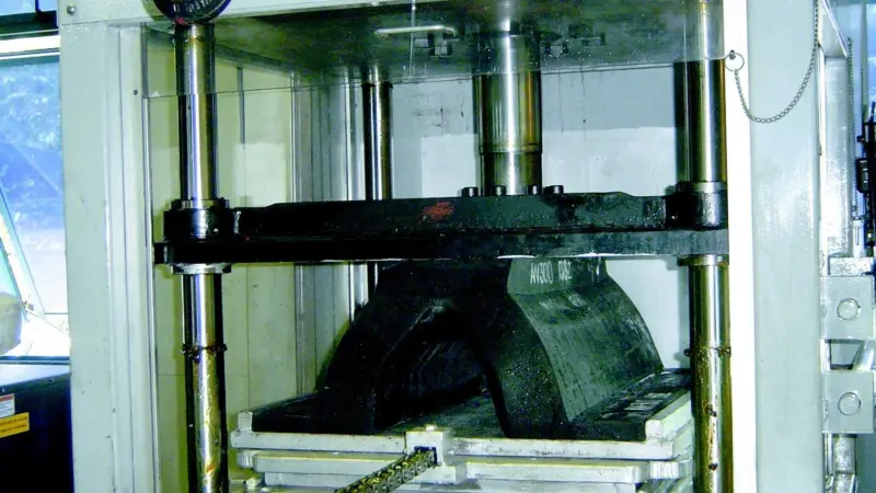 AFentek fender undergoing one of the many tests required for PIANC Type Approval in a specially designed computer controlled test rig.