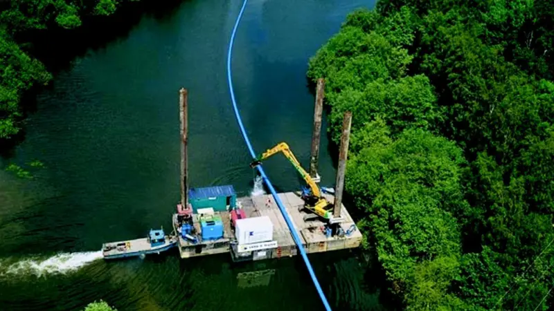 A pipeline is laid into position as part of the &pound;25 million Bewl-Darwell Water Transfer Scheme.