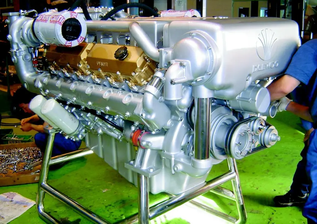 The first 1,200 hp Daewoo 4V222TIL engine in the UK is seen being prepared for the London Boat Show at Watermotas facility in South Devon.