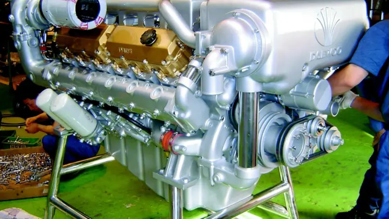 The first 1,200 hp Daewoo 4V222TIL engine in the UK is seen being prepared for the London Boat Show at Watermotas facility in South Devon.