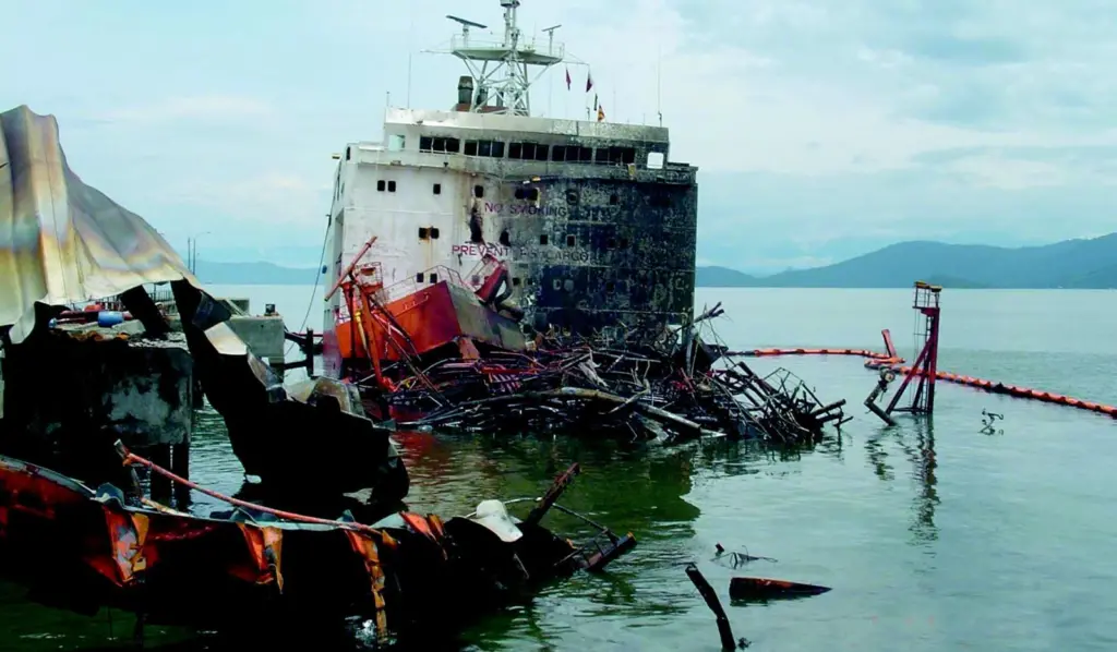 The explosion onboard the tanker Vicuna was so violent that the cargo area was demolished and a number of people killed.
