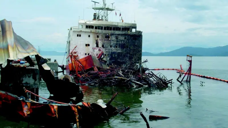 The explosion onboard the tanker Vicuna was so violent that the cargo area was demolished and a number of people killed.