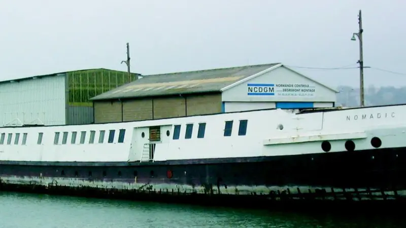 The S/S Nomadic is seen alongside in Le Havre on New Years Day 2005. Photo courtesy of Thierry Dufournaud of the French Titanic Society.