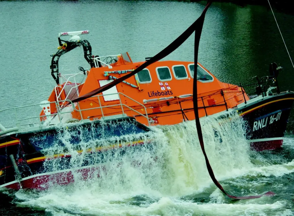 The RNLIs new Tamar class lifeboats is seen undergoing pre-production self-righting tests.