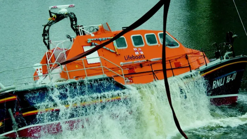 The RNLIs new Tamar class lifeboats is seen undergoing pre-production self-righting tests.