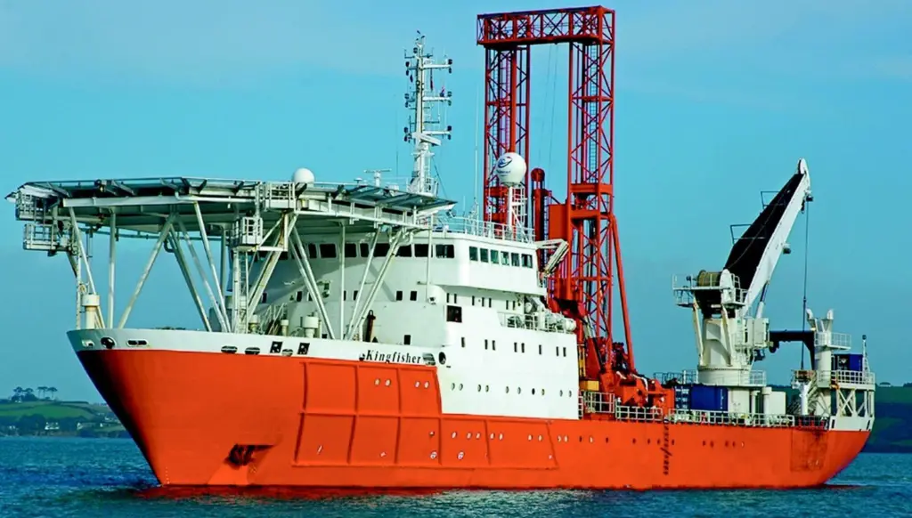 The Kingfisher, with R100 dual derrick drill rig mounted, leaves Falmouth on route to Gibraltar.