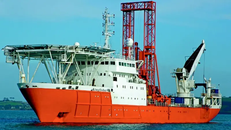 The Kingfisher, with R100 dual derrick drill rig mounted, leaves Falmouth on route to Gibraltar.