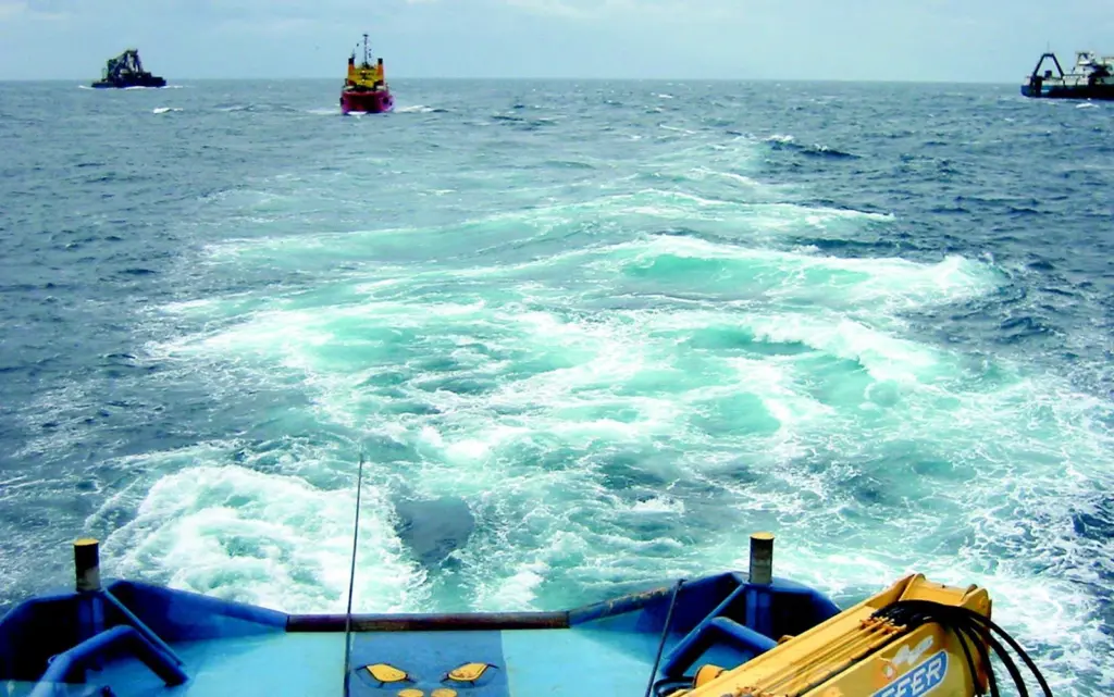 A view from the bridge of Braveheart showing all three vessels in tow astern.