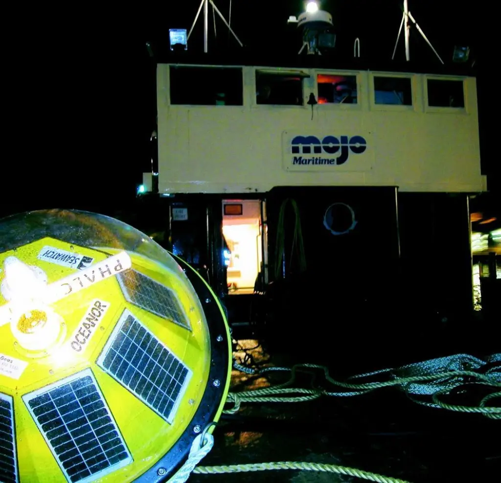 The Wave Hub is seen onboard Mojo Maritimes support vessel Portree II.