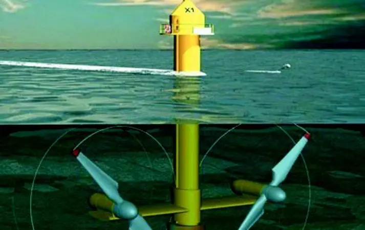 An artists impression of a pile mounted twin rotor tidal turbine design by Marine Current Turbines of Bristol, UK