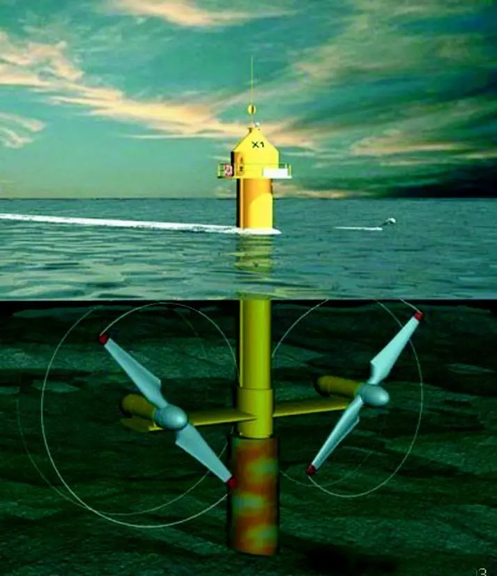 An artists impression of a pile mounted twin rotor tidal turbine design by Marine Current Turbines of Bristol, UK