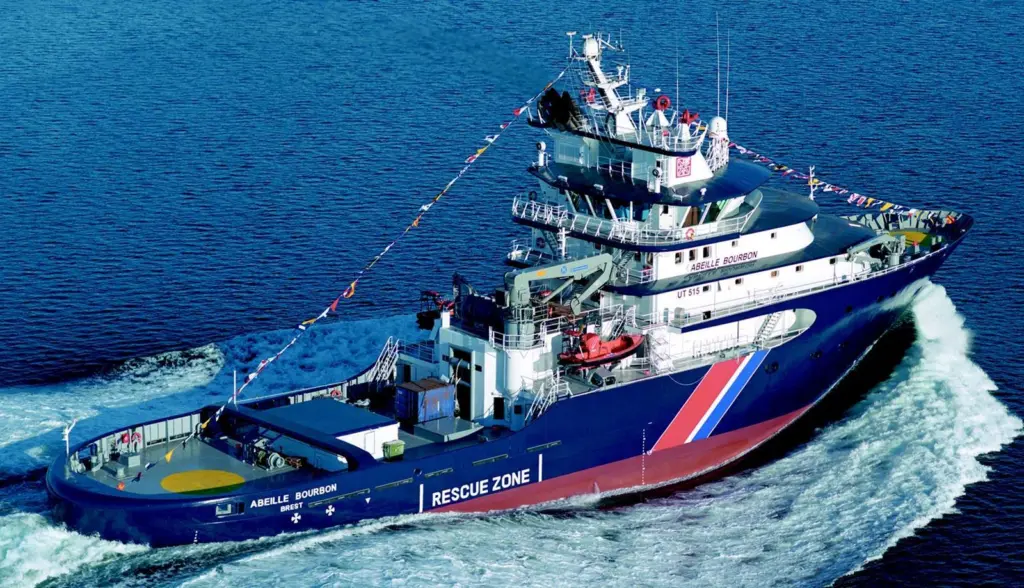 This view of new ETV Abeille Bourbon shows the traditional rounded stern but yacht-like profile.