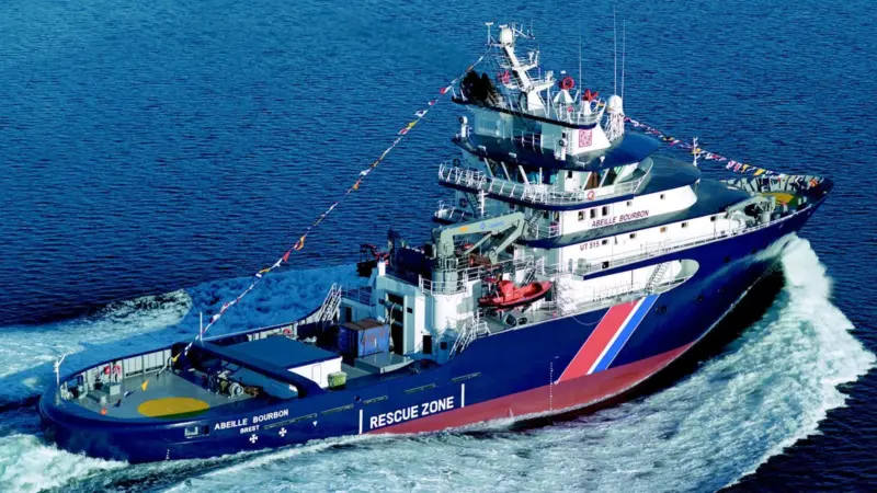 This view of new ETV Abeille Bourbon shows the traditional rounded stern but yacht-like profile.