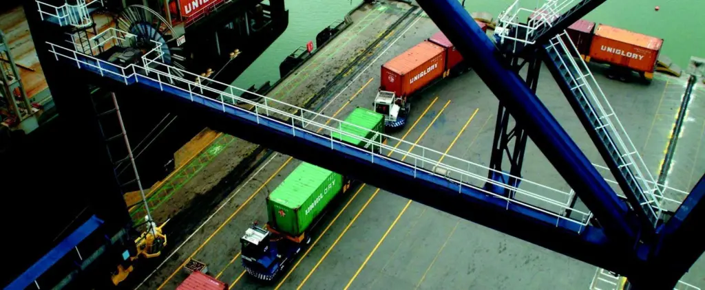 Some of the Terburg terminal tractors which arrived at Thamesport last October are seen in operation.