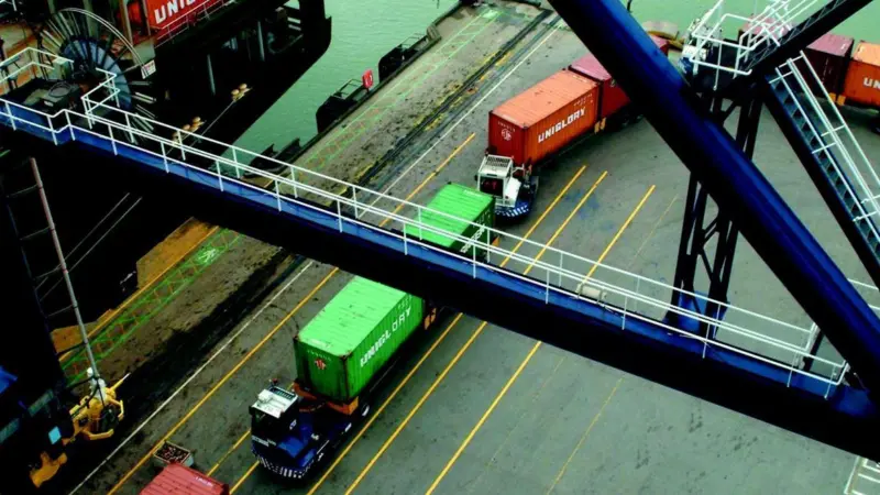 Some of the Terburg terminal tractors which arrived at Thamesport last October are seen in operation.