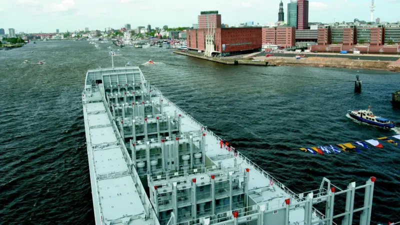 The MS Flottbek leaves the Port of Hamburg last month. Photo courtesy of Hansa Hamburg Shipping.