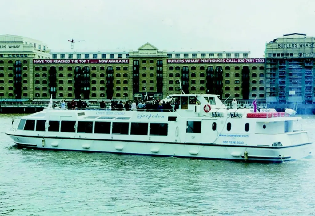 The river cruise vessel Sarpedon, one of Crown Rivers current boats, is seen on the Thames.