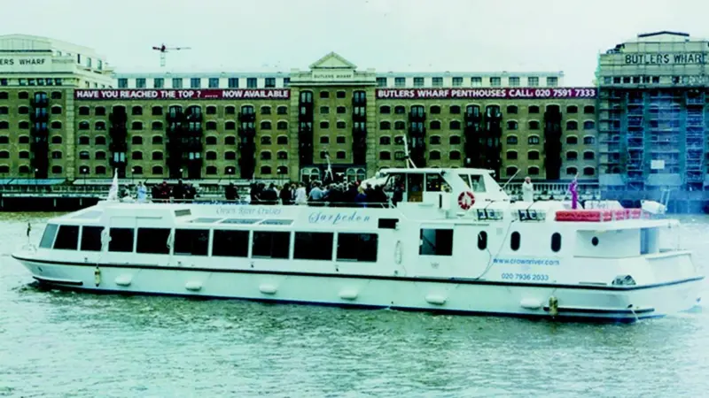 The river cruise vessel Sarpedon, one of Crown Rivers current boats, is seen on the Thames.