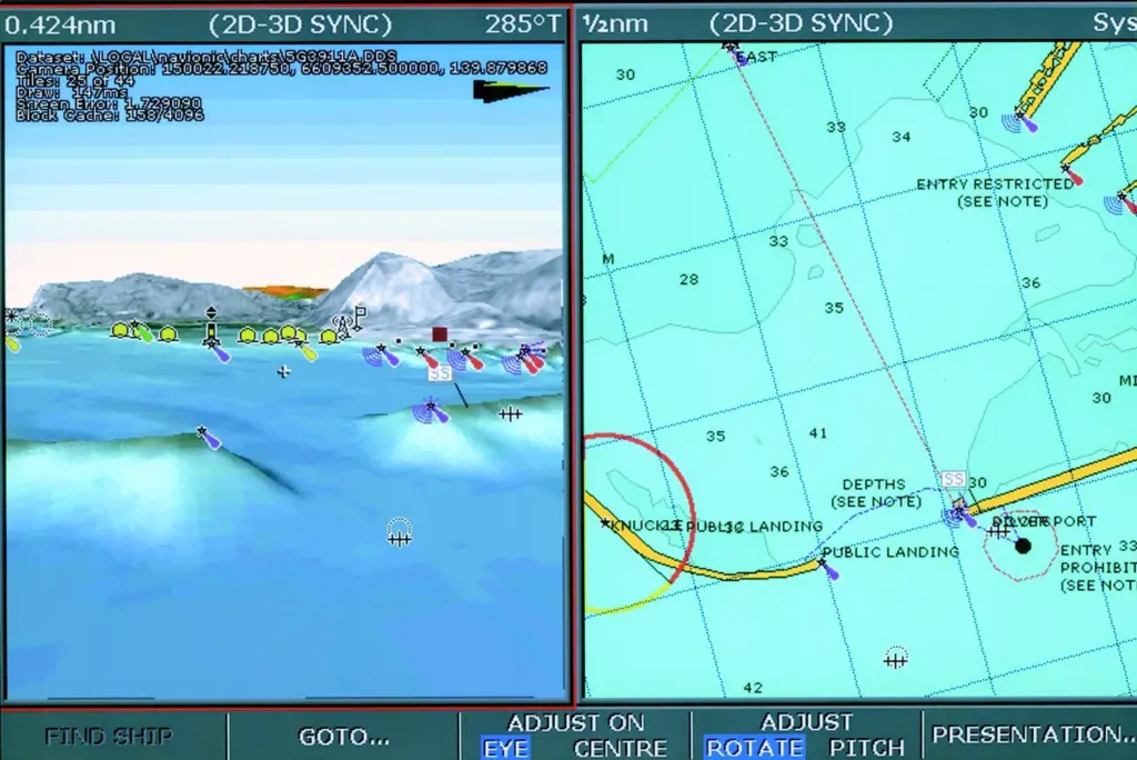 Navionics Platinum Charts offer multi-dimensional electronic charting. Seen here is a split screen image from the new cartography.
