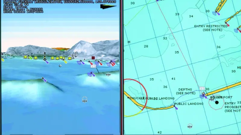Navionics Platinum Charts offer multi-dimensional electronic charting. Seen here is a split screen image from the new cartography.