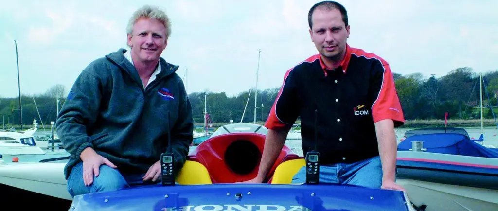 Steve Curtis of Honda Formula 4-Stroke and Ian Lockyer of Icom UK in one of the race boats.