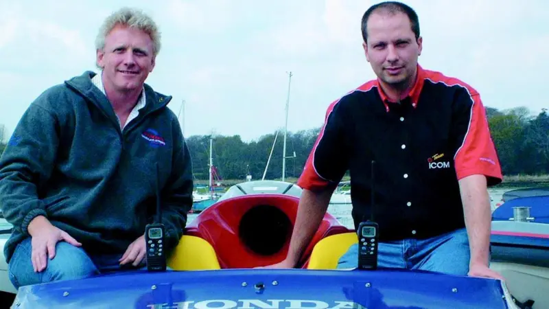 Steve Curtis of Honda Formula 4-Stroke and Ian Lockyer of Icom UK in one of the race boats.