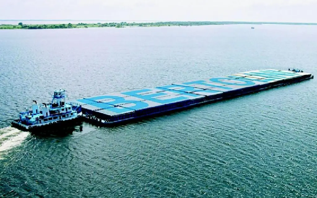 Soya bean cargoes on the Amazon are transported on large pushed barges.