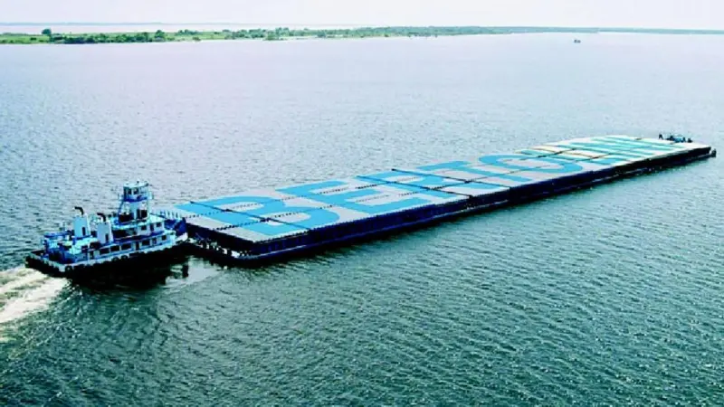 Soya bean cargoes on the Amazon are transported on large pushed barges.