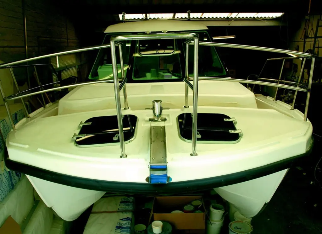 A bow view as the newest Cheetah Catamaran, a big game fishing boat for Bermuda, nears completion on the Isle of Wight.