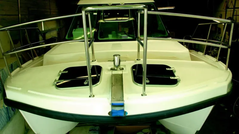 A bow view as the newest Cheetah Catamaran, a big game fishing boat for Bermuda, nears completion on the Isle of Wight.